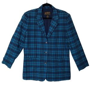 Vintage Eddie Bauer Plaid Blazer 100% Cotton Blue Green Career Preppy Jacket | M